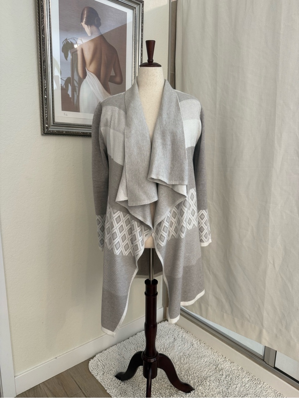 Draped Open-Front Gray & White Knit Cardigan